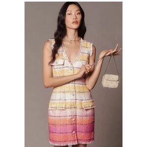 Anthropologie Sleeveless Tweed Mini Dress 0 $178 Yellow Pink Sheath. Wear once